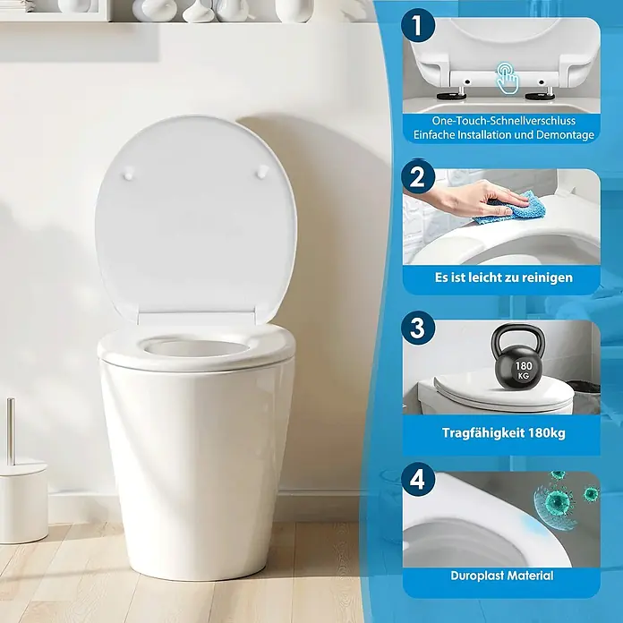 SAINOS WC-Sitz Duroplast WC-Sitz, , Universal-O-Form, Absenkautomatik, Oben - Duroplast, Weiß, Mit Absenkautomatik