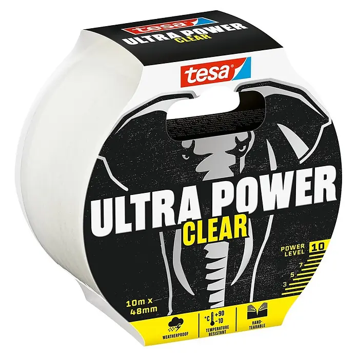 Tesa Ultra Power Reparaturklebeband Clear - Transparent, 10 m x 50 mm - Diagonale Ansicht