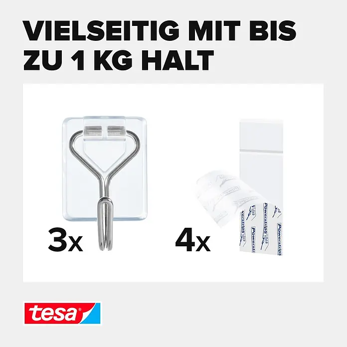 Tesa Powerstrips Selbstklebehaken - Eckig, Größe: S, Transparent, 3 Stk., Metall/Kunststoff - Transparenter selbstklebender tesa Haken mit Metallbügel und tesa Powerstrips, hält bis zu 1 kg.