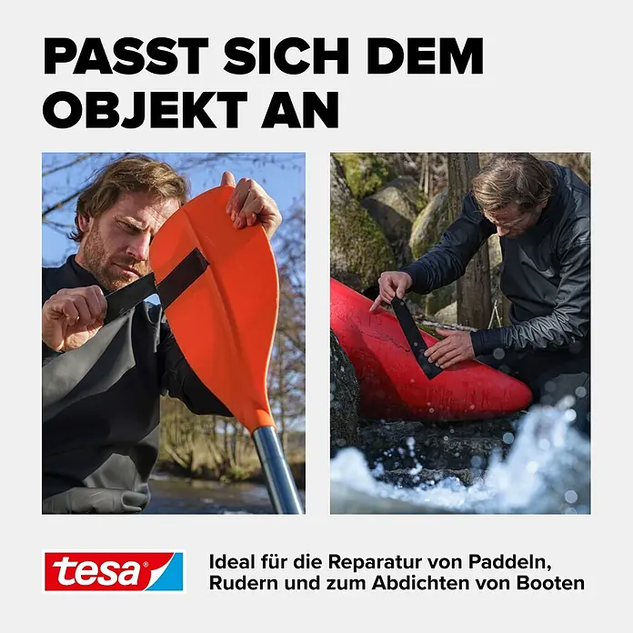 Tesa Ultra Power Unterwasser-Klebeband Under Water - Schwarz, 1,5 m x 50 mm - Eine Person repariert ein Paddel und ein Boot mit schwarzem tesa Klebeband, das sich den Objekten anpasst.