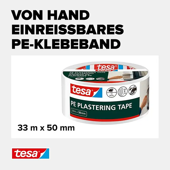 Tesa Putzband PE - Weiß, L x B: 33 m x 5 cm, Von Hand einreißbar - Weißes, von Hand reißbares Tesa PE Putzband, 33m x 50mm Rolle.