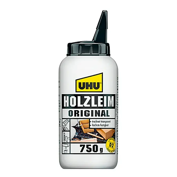UHU Holzleim Original - 750 g, Lösemittelfrei - Weiße Flasche UHU Holzleim Original mit schwarzem Deckel. Geeignet für Holz, trocknet transparent und bietet höchste Festigkeit.