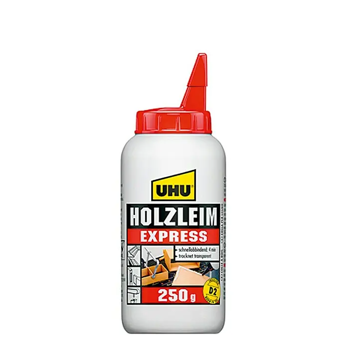 UHU Holzleim Express - 250 g, Lösemittelfrei - Eine Flasche UHU Holzleim Express mit rotem Deckel, ideal für schnelle und transparente Holzverklebungen.