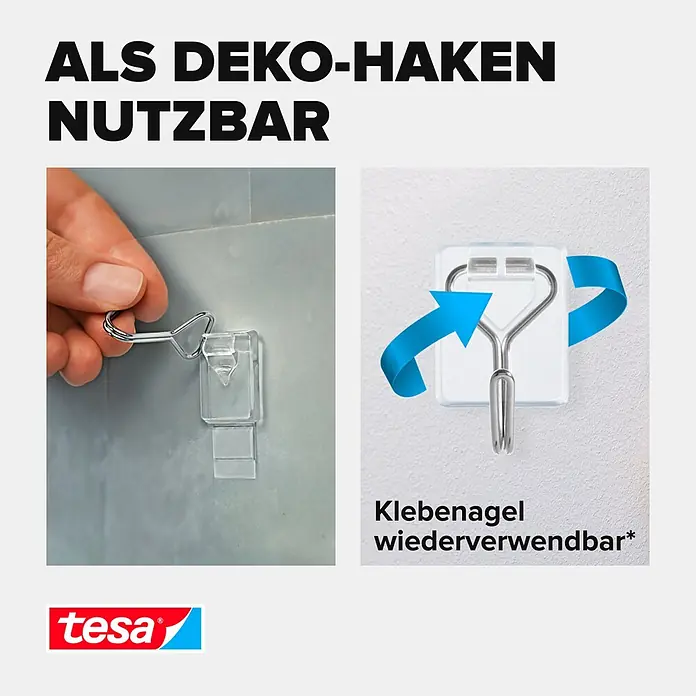 Tesa Powerstrips Selbstklebehaken - Eckig, Größe: S, Transparent, 3 Stk., Metall/Kunststoff - Tesa transparenter, wiederverwendbarer Klebehaken mit silbernem Metallhaken, als Deko-Haken nutzbar.