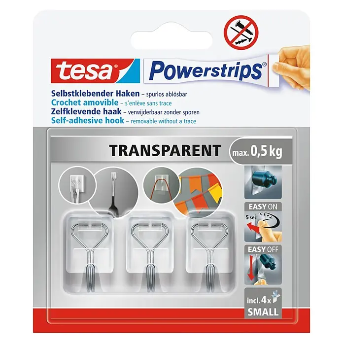 Tesa Powerstrips Selbstklebehaken - Eckig, Größe: S, Transparent, 3 Stk., Metall/Kunststoff - Vier kleine, transparente tesa Powerstrips selbstklebende Haken, spurlos ablösbar, bis 0,5 kg tragend.