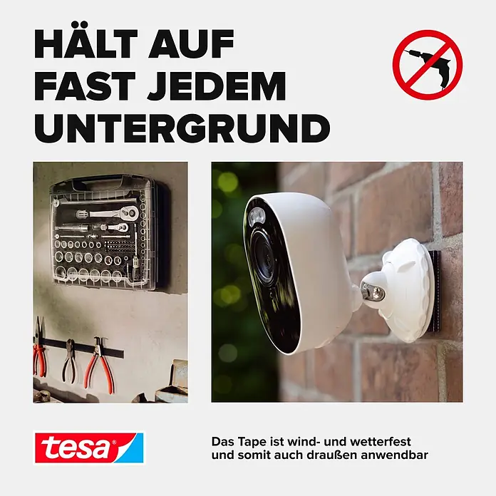 Tesa Ultra Power Klettpad Lock Tape - L x B: 1 m x 25 mm, Schwarz - Tesa Klebeband befestigt Werkzeug und eine Kamera an der Wand. Bohrfrei, wind- und wetterfest für den Außeneinsatz.