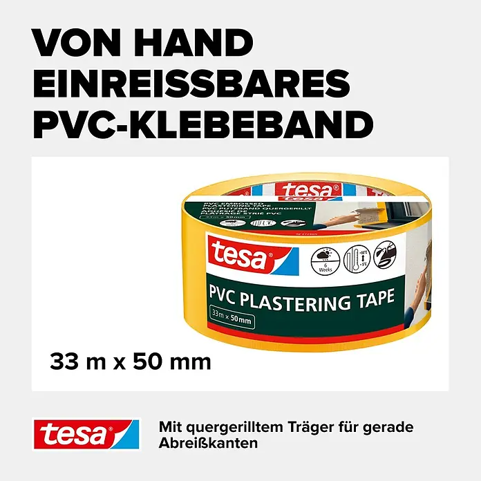 Tesa Putzband PVC - Gelb, L x B: 33 m x 50 mm, Von Hand einreißbar - Gelbes tesa PVC Putzband, von Hand einreißbar mit quergerilltem Träger für gerade Abreißkanten. 33m x 50mm.