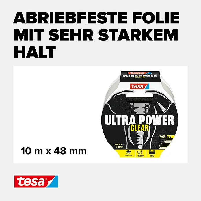 Tesa Ultra Power Reparaturklebeband Clear - Transparent, 10 m x 50 mm - Informationsansicht