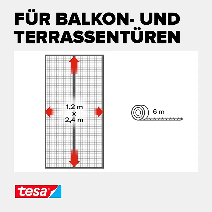 Tesa Insect Stop Insektenschutzvorhang selbstschließender Magnetvorhang - B x H: 120 x 240 cm, Montage Insektengitter: Kleben - Tesa Insektenschutzgitter für Balkon- und Terrassentüren, 1,2 x 2,4 m, mit 6 m Befestigungsband.