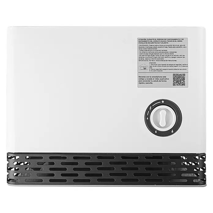 Orbegozo Estufa de gas de llama azul HBF125 - 3,8 kW, Blanco - Electrodoméstico blanco con base ventilada negra y perilla de control circular. Con etiquetas de advertencia y un código QR.