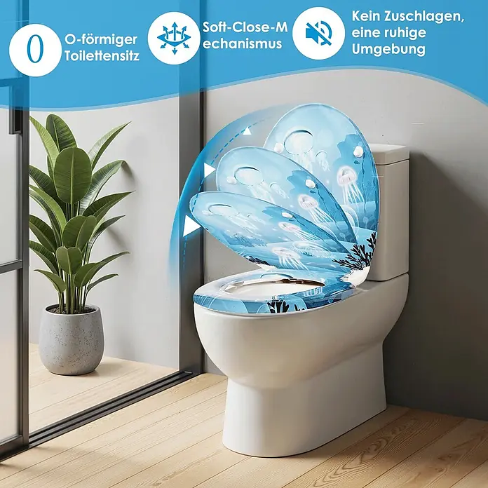 SAINOS WC-Sitz Duroplast WC-Sitz, Blau, Universal-O-Form, Absenkautomatik, Oben - Duroplast, Blau, Mit Absenkautomatik