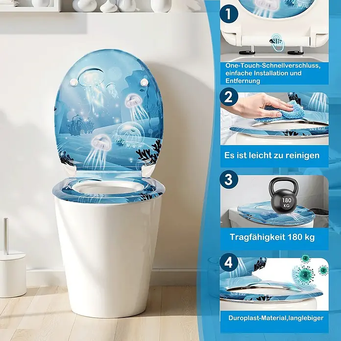 SAINOS WC-Sitz Duroplast WC-Sitz, Blau, Universal-O-Form, Absenkautomatik, Oben - Duroplast, Blau, Mit Absenkautomatik