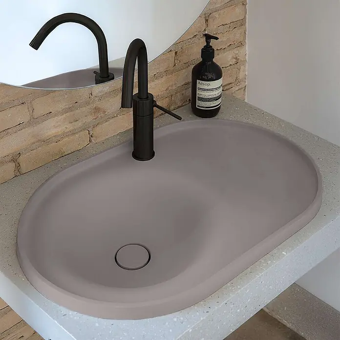 Poalgi Einbauwaschbecken DAL - 64 x 42 cm, Mit antibakterieller Glasur, Hahnloch: Ohne, Ohne Überlauf, Betongrau