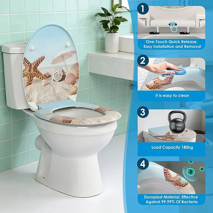 SAINOS WC-Sitz Duroplast WC-Sitz, Blau, Universal-O-Form, Absenkautomatik, Oben - Duroplast, Blau, Mit Absenkautomatik