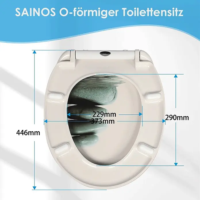 SAINOS WC-Sitz Duroplast WC-Sitz, Grün, Universal-O-Form, Absenkautomatik, Oben - Duroplast, Grün, Mit Absenkautomatik - O-förmiger, hellbeiger Toilettensitz mit hervorgehobenen Maßen.