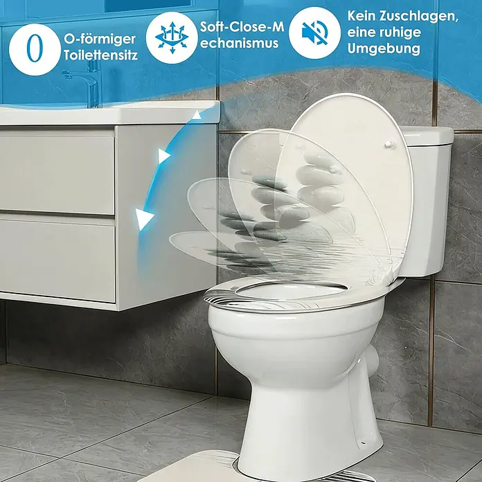 SAINOS WC-Sitz Duroplast WC-Sitz, Grün, Universal-O-Form, Absenkautomatik, Oben - Duroplast, Grün, Mit Absenkautomatik - Weißes O-förmiges WC mit Absenkautomatik, zeigt den sanften Schließmechanismus für eine ruhige Umgebung.