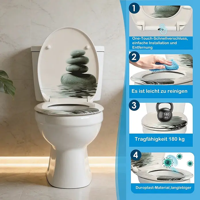 SAINOS WC-Sitz Duroplast WC-Sitz, Grün, Universal-O-Form, Absenkautomatik, Oben - Duroplast, Grün, Mit Absenkautomatik - Weißer WC-Sitz mit Zen-Stein-Design, zeigt einfache Montage, Reinigung, 180kg Tragkraft und robustes Duroplast-Material.