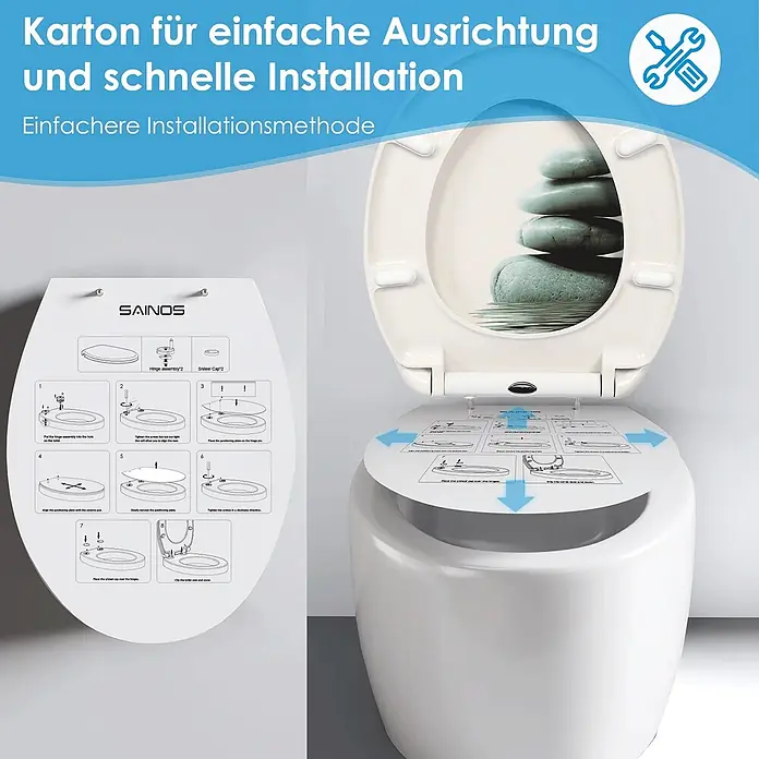 SAINOS WC-Sitz Duroplast WC-Sitz, Grün, Universal-O-Form, Absenkautomatik, Oben - Duroplast, Grün, Mit Absenkautomatik - Weißer WC-Sitz mit sichtbaren Schritt-für-Schritt-Installationsanleitungen, die eine einfache Montage hervorheben.