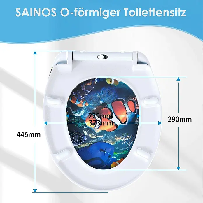 SAINOS WC-Sitz Duroplast WC-Sitz, Blau, Universal-O-Form, Absenkautomatik, Oben - Duroplast, Blau, Mit Absenkautomatik - Weißer O-förmiger Toilettensitz mit Fischmotiv und Maßen: 446x373mm außen, 290x229mm innen.