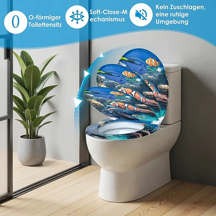 SAINOS WC-Sitz Duroplast WC-Sitz, Blau, Universal-O-Form, Absenkautomatik, Oben - Duroplast, Blau, Mit Absenkautomatik - O-förmiger Toilettensitz mit Meeresmotiv und Absenkautomatik, sanft schließend auf einer Toilette.