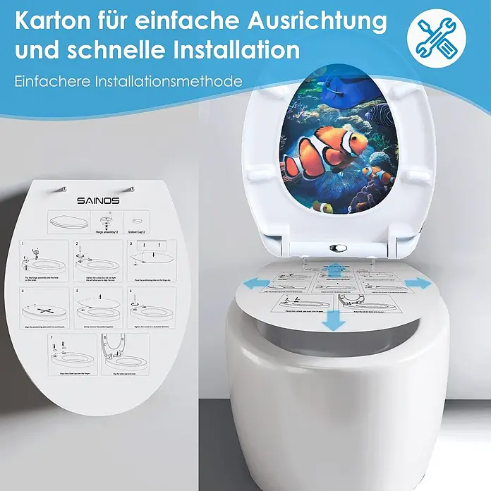 SAINOS WC-Sitz Duroplast WC-Sitz, Blau, Universal-O-Form, Absenkautomatik, Oben - Duroplast, Blau, Mit Absenkautomatik - Weißer Toilettensitz mit Meeresmotiv im Deckel und Anweisungen zur Installation.