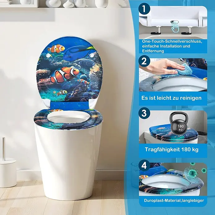 SAINOS WC-Sitz Duroplast WC-Sitz, Blau, Universal-O-Form, Absenkautomatik, Oben - Duroplast, Blau, Mit Absenkautomatik - Toilettensitz mit lebendigem Unterwasser-Aquarium-Design mit Clownfischen und Korallen, der einen Schnellverschluss und strapazierfähiges Duroplast-Material hervorhebt.