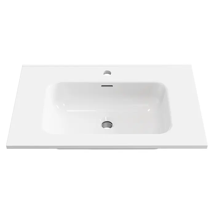 Lavabo empotrado Nairobi - 71 x 46 cm, Orificios para grifo: Medio, Sin desbordamiento, Blanco, Brillante - Lavabo rectangular de cerámica blanca con orificio para grifo, rebosadero y desagüe.