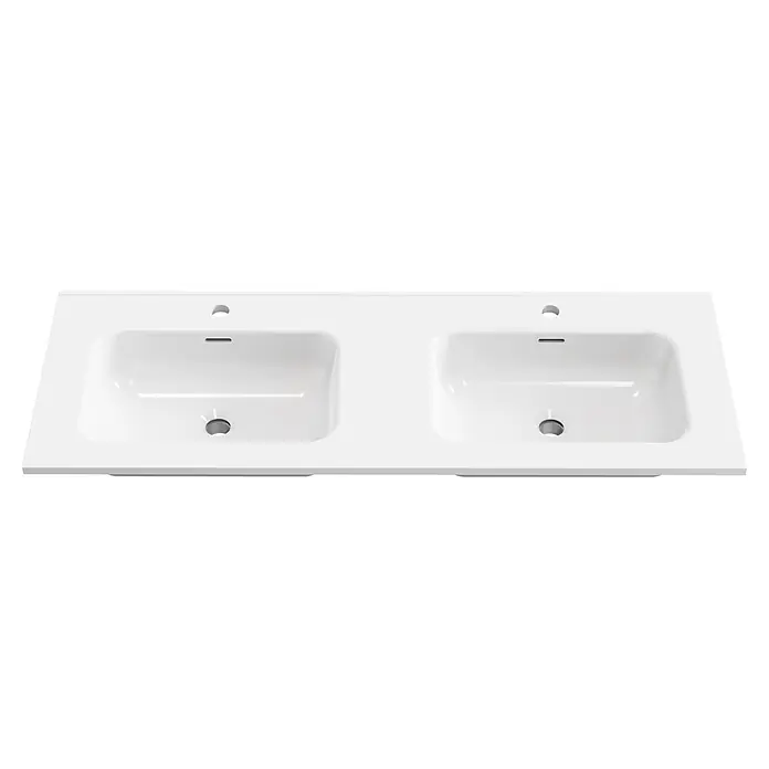Lavabo empotrado Nairobi - 121 x 46 cm, Orificios para grifo: Medio, Sin desbordamiento, Blanco, Brillante - Dos lavabos de cerámica blancos integrados en un mueble de lavabo, con orificios para grifos y ranuras de rebosadero.
