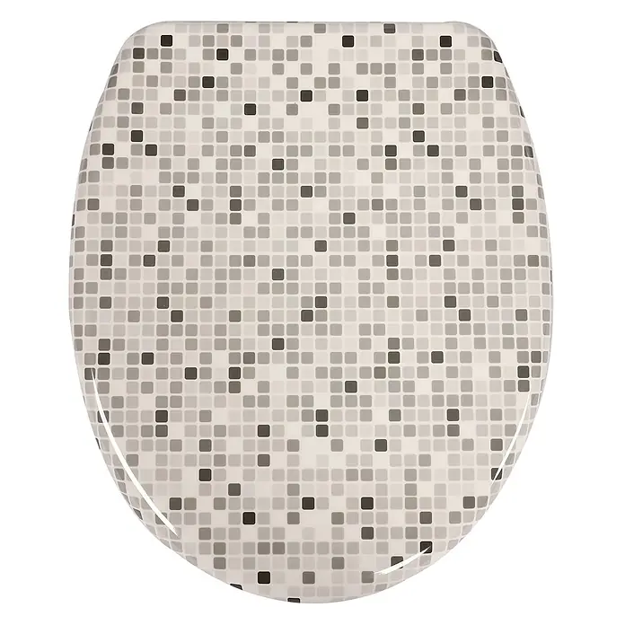 SAINOS WC-Sitz Duroplast WC-Sitz, Beige, Universal-O-Form, Absenkautomatik, Oben - Duroplast, Beige, Mit Absenkautomatik - Toilettensitz mit Mosaikmuster in Grau- und Weißtönen.