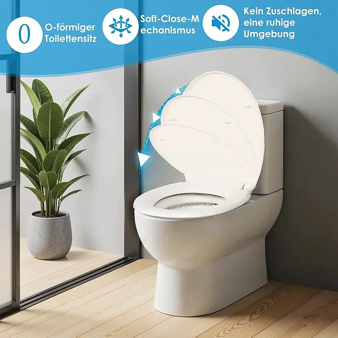 SAINOS WC-Sitz Duroplast WC-Sitz, Beige, Universal-O-Form, Absenkautomatik, Oben - Duroplast, Beige, Mit Absenkautomatik - Weißer O-förmiger Toilettensitz mit Soft-Close-Mechanismus, der ein geräuschloses Schließen in einem modernen Badezimmer zeigt.