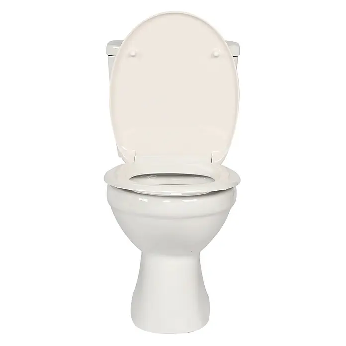 SAINOS WC-Sitz Duroplast WC-Sitz, Beige, Universal-O-Form, Absenkautomatik, Oben - Duroplast, Beige, Mit Absenkautomatik - Weiße Keramiktoilette mit geöffnetem Deckel und Sitz.