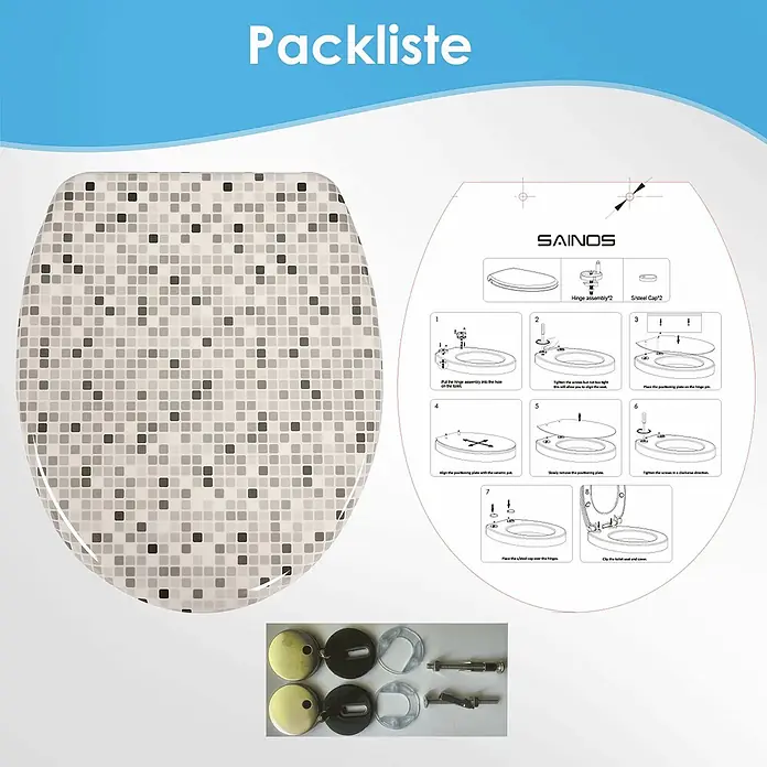 SAINOS WC-Sitz Duroplast WC-Sitz, Beige, Universal-O-Form, Absenkautomatik, Oben - Duroplast, Beige, Mit Absenkautomatik - Toilettensitz mit grauem Mosaikmuster und Montageanleitung. Inklusive Befestigungsmaterial: Scharniere, Kappen, Schrauben und Einsätze.