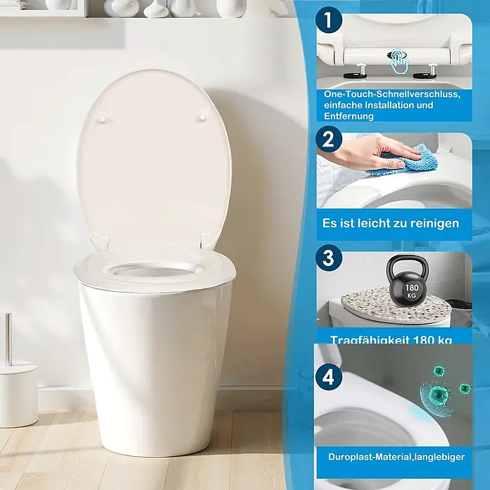 SAINOS WC-Sitz Duroplast WC-Sitz, Beige, Universal-O-Form, Absenkautomatik, Oben - Duroplast, Beige, Mit Absenkautomatik - Weißes WC mit geöffnetem Sitz. Infografik zeigt Schnellverschluss, leichte Reinigung, 180kg Tragfähigkeit und Duroplast-Material.