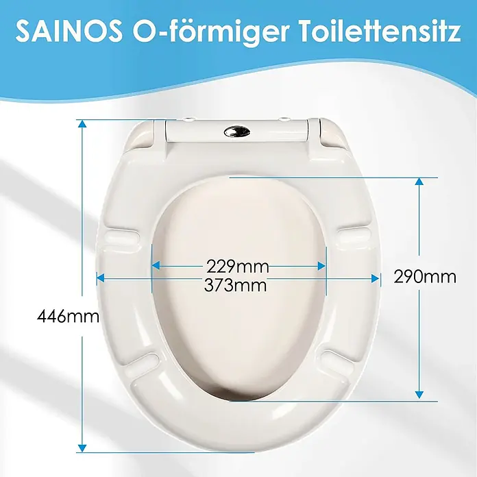 SAINOS WC-Sitz Duroplast WC-Sitz, Beige, Universal-O-Form, Absenkautomatik, Oben - Duroplast, Beige, Mit Absenkautomatik - Weißer O-förmiger Toilettensitz mit markierten Schlüsselmaßen.
