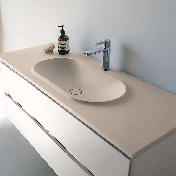 Poalgi Waschtisch BUL - 46 x 80 cm, Mit antibakterieller Glasur, Hahnloch: Mitte, Ohne Überlauf, Weiß Perla