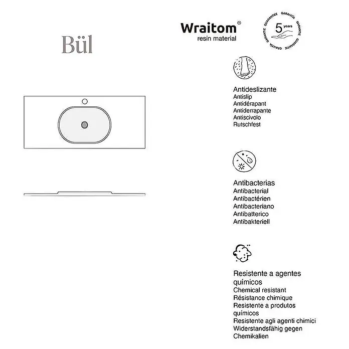 Poalgi Waschtisch BUL - 46 x 100 cm, Mit antibakterieller Glasur, Hahnloch: Mitte, Ohne Überlauf, Grau Humo