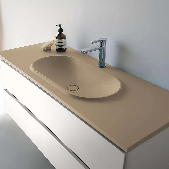 Poalgi Waschtisch BUL - 46 x 100 cm, Mit antibakterieller Glasur, Hahnloch: Mitte, Ohne Überlauf, Beige Albero