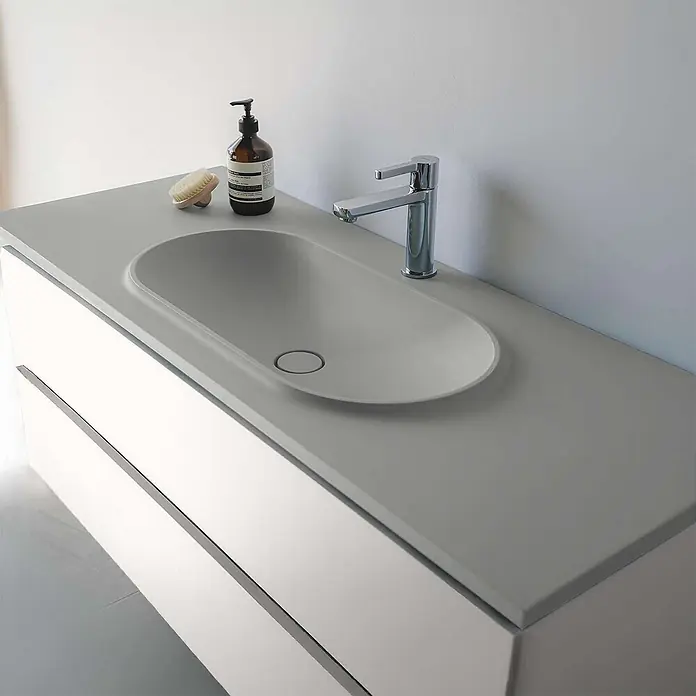 Poalgi Waschtisch BUL - 46 x 100 cm, Mit antibakterieller Glasur, Hahnloch: Mitte, Ohne Überlauf, Grau Humo