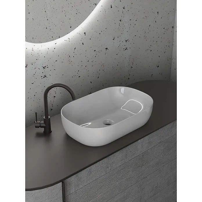 Poalgi Aufsatzwaschbecken OVALO - 60 x 39 cm, Mit schmutzabweisender Glasur, Hahnloch: Ohne, Ohne Überlauf, Weiß