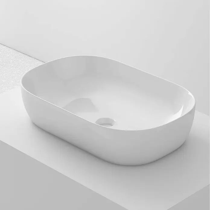 Poalgi Aufsatzwaschbecken OVALO - 60 x 39 cm, Mit schmutzabweisender Glasur, Hahnloch: Ohne, Ohne Überlauf, Weiß
