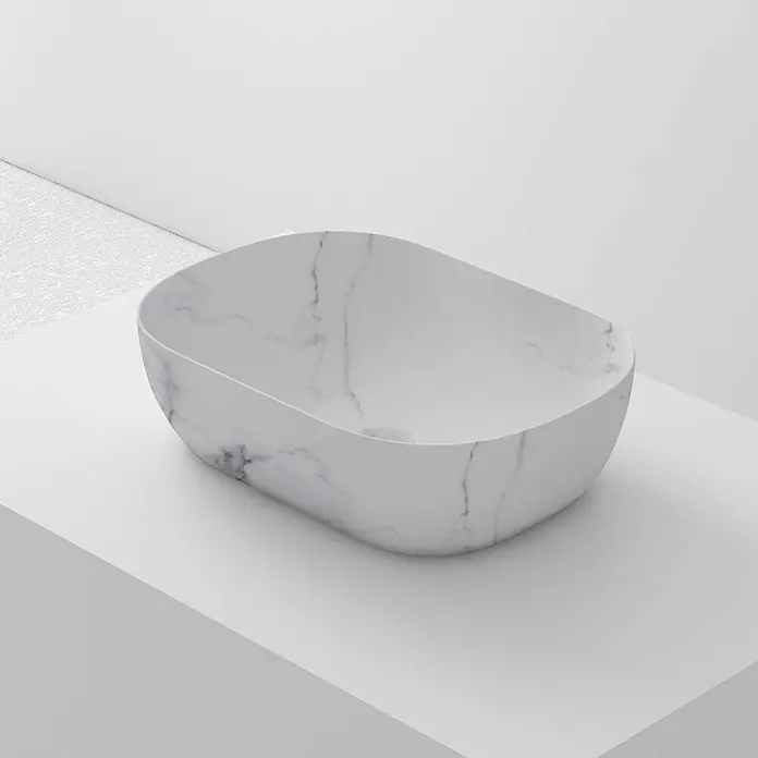 Poalgi Aufsatzwaschbecken MINI OVALO - 46,5 x 33,5 cm, Mit schmutzabweisender Glasur, Hahnloch: Ohne, Ohne Überlauf, Weiß - Weißes ovales Aufsatzwaschbecken mit grauer Marmorierung.