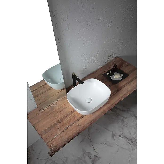 Poalgi Aufsatzwaschbecken MINI OVALO - 46,5 x 33,5 cm, Mit schmutzabweisender Glasur, Hahnloch: Ohne, Ohne Überlauf, Weiß