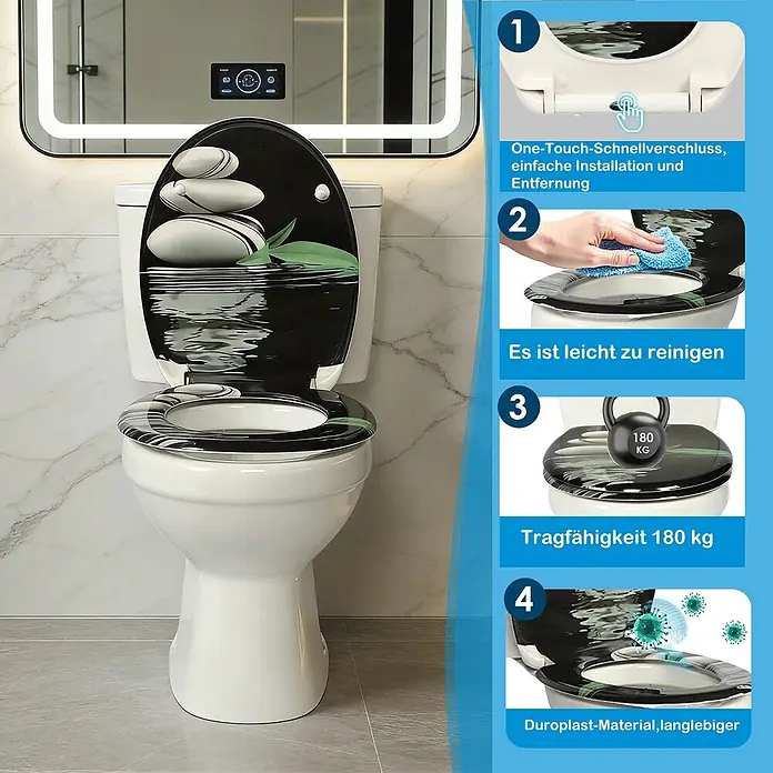 SAINOS WC-Sitz Duroplast WC-Sitz, Schwarz, Universal-O-Form, Absenkautomatik, Oben - Duroplast, Schwarz, Mit Absenkautomatik