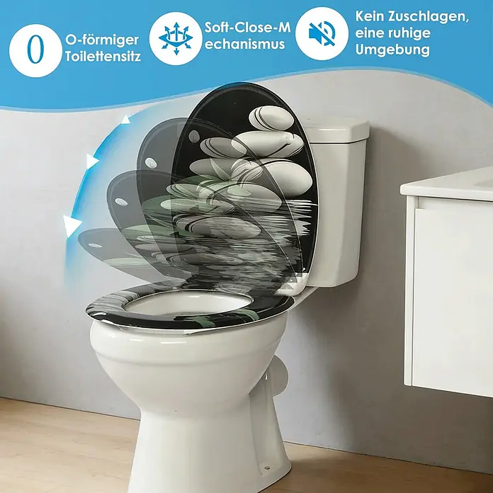 SAINOS WC-Sitz Duroplast WC-Sitz, Schwarz, Universal-O-Form, Absenkautomatik, Oben - Duroplast, Schwarz, Mit Absenkautomatik