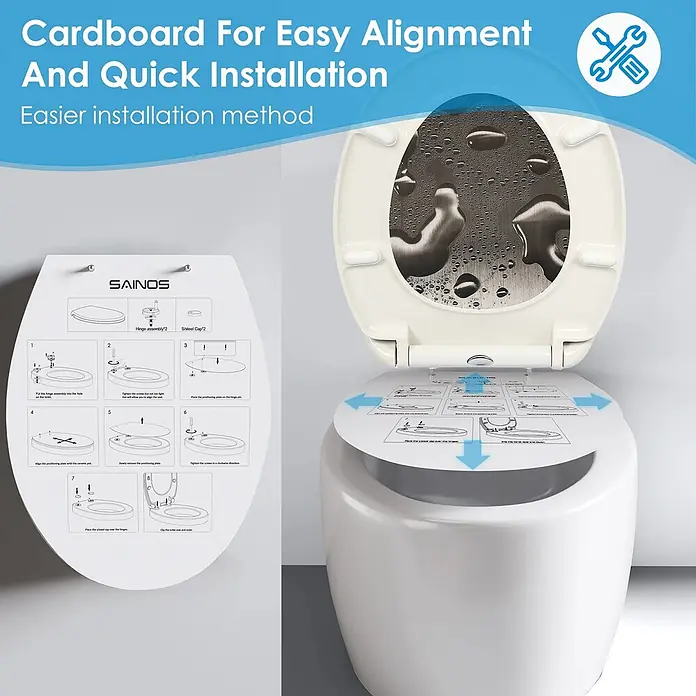 SAINOS WC-Sitz Duroplast WC-Sitz, Grau, Universal-O-Form, Absenkautomatik, Oben - Duroplast, Grau, Mit Absenkautomatik - Weißer Toilettensitz mit aufgedruckten Montageanleitungen, der eine einfache Ausrichtung zur schnellen Installation zeigt.