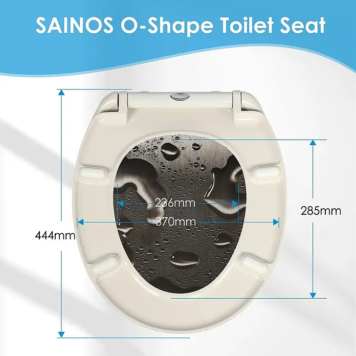SAINOS WC-Sitz Duroplast WC-Sitz, Grau, Universal-O-Form, Absenkautomatik, Oben - Duroplast, Grau, Mit Absenkautomatik - Beiger O-Form Toilettensitz mit Maßen: 444mm (L), 370mm (B), 285mm innen (L), 236mm innen (B).