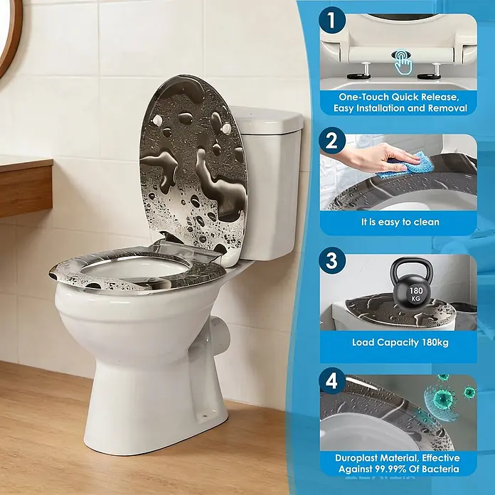 SAINOS WC-Sitz Duroplast WC-Sitz, Grau, Universal-O-Form, Absenkautomatik, Oben - Duroplast, Grau, Mit Absenkautomatik - Dunkler Toilettensitz aus Duroplast mit Wassertropfenmuster auf weißer Toilette, mit Schnellverschluss, leicht zu reinigen, 180kg Traglast, antibakteriell.