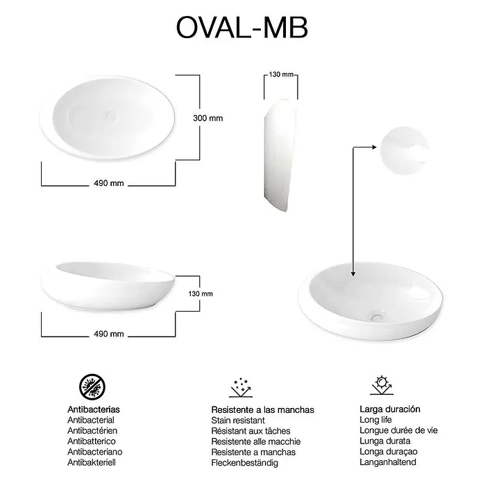 Poalgi Aufsatzwaschbecken OVAL-MB - 49 x 30 cm, Mit schmutzabweisender Glasur, Hahnloch: Ohne, Ohne Überlauf, Weiß
