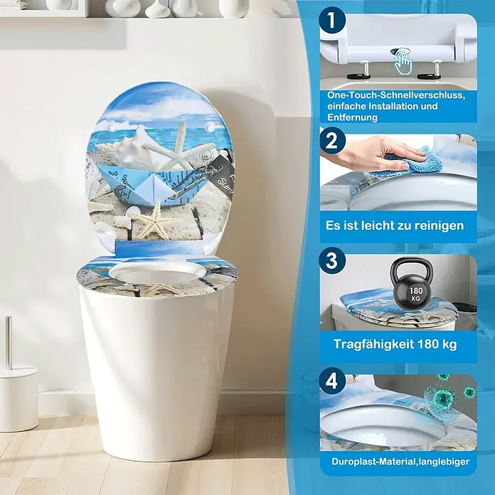 SAINOS WC-Sitz Duroplast WC-Sitz, Blau, Universal-O-Form, Absenkautomatik, Oben - Duroplast, Blau, Mit Absenkautomatik