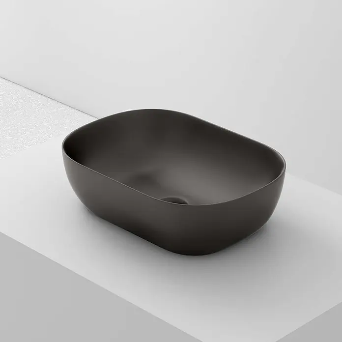 Poalgi Aufsatzwaschbecken MINI OVALO - 46,5 x 33,5 cm, Mit schmutzabweisender Glasur, Hahnloch: Ohne, Ohne Überlauf, Schwarz - Mattes dunkelgraues ovales Aufsatzwaschbecken mit sanft geschwungener Innenfläche.